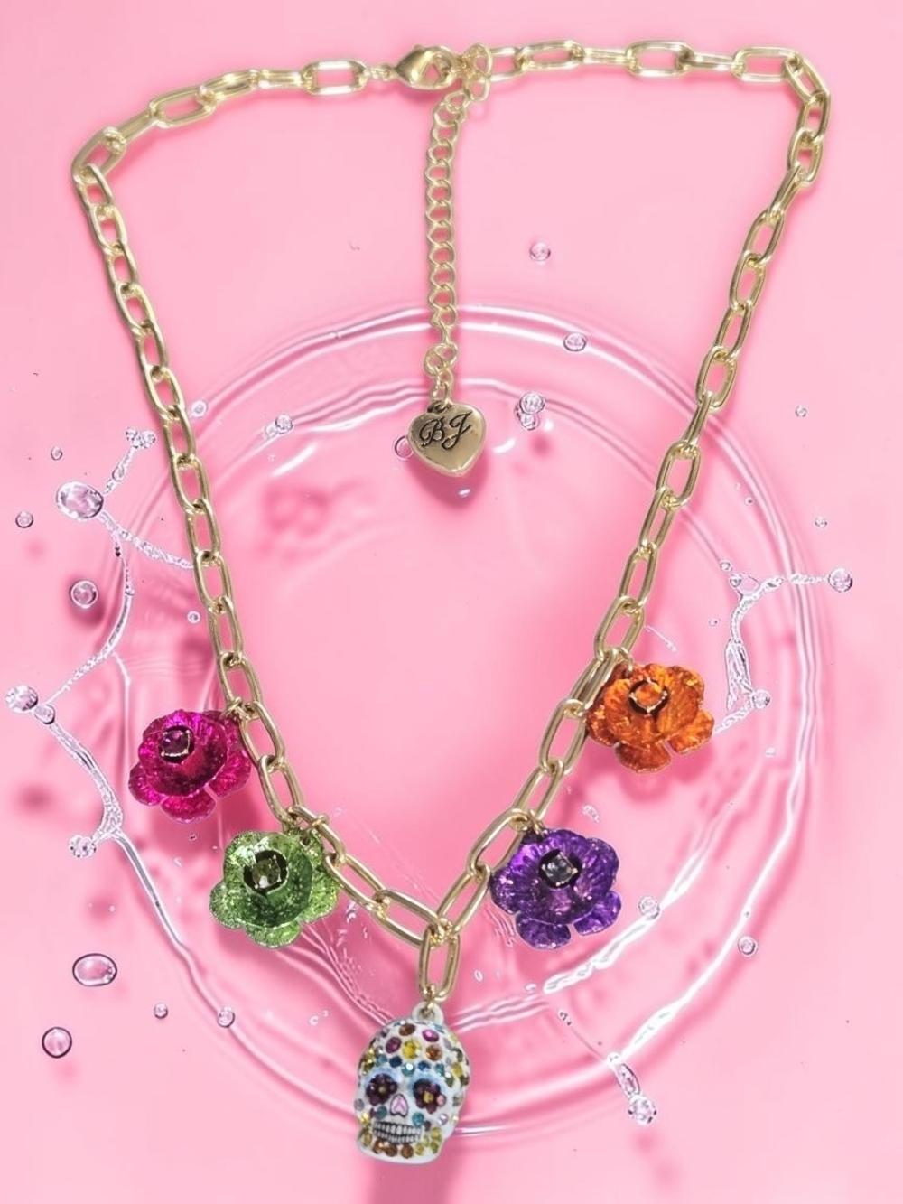 NEW Betsey Johnson Sugar with Crystals and Flowers Pendant Necklace New In Box - Picture 2 of 7
